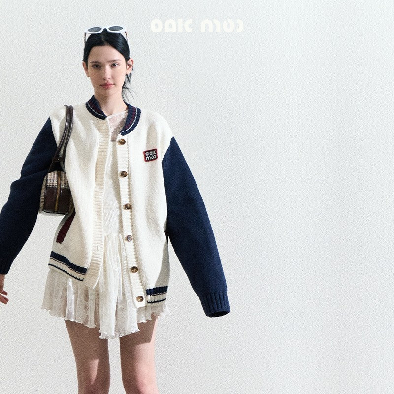 Contrast Button-Up Varsity Knit Cardigan