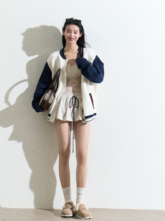 Contrast Button-Up Varsity Knit Cardigan