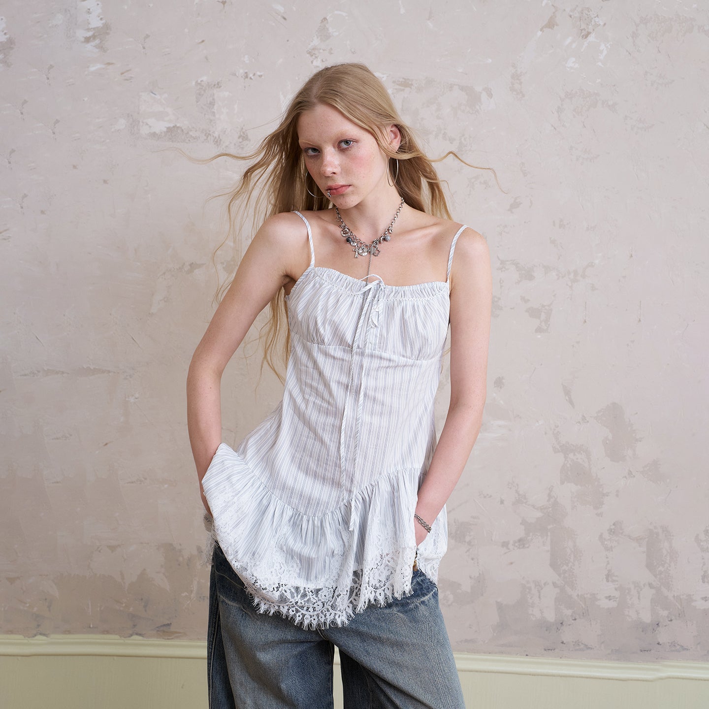 Asymmetric Striped Peplum Cami Top