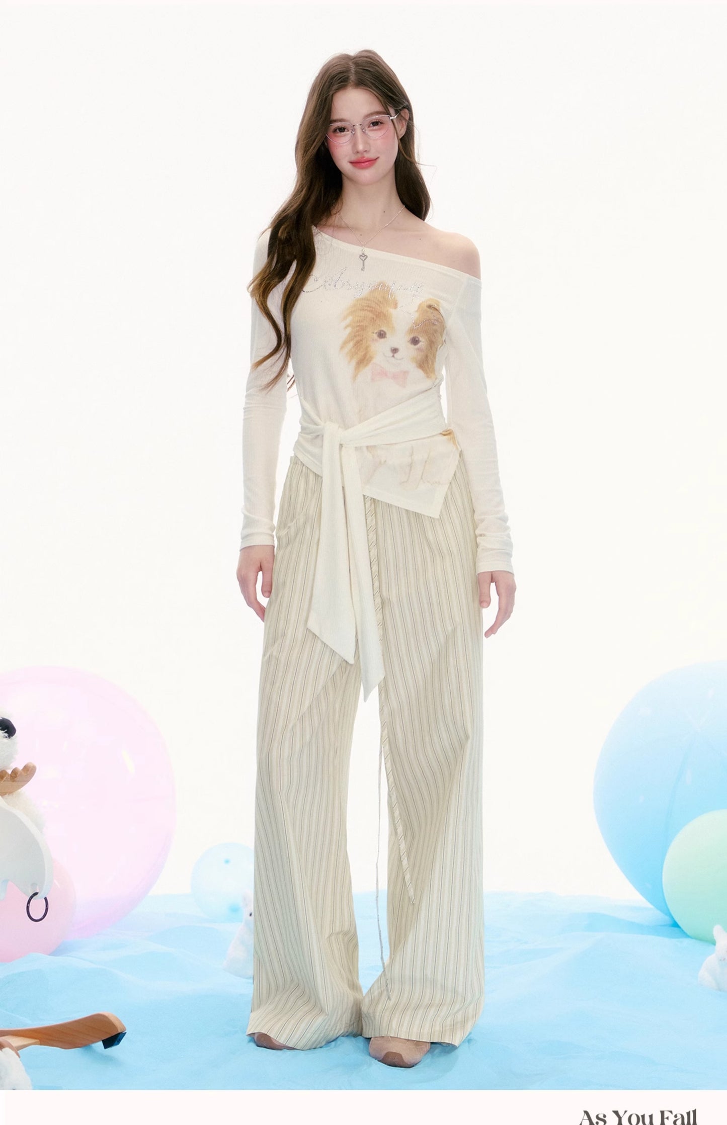 Striped Drawstring Wide-Leg Pants With Flower Detail