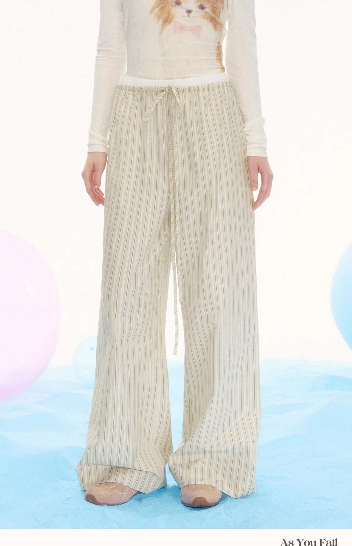 Striped Drawstring Wide-Leg Pants With Flower Detail