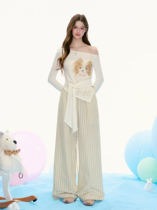 Striped Drawstring Wide-Leg Pants With Flower Detail