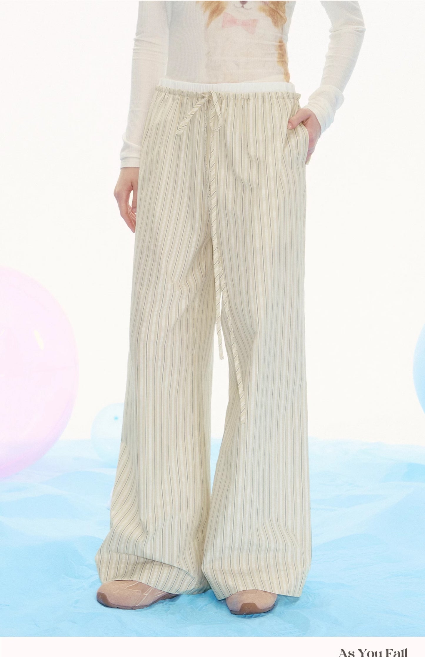Striped Drawstring Wide-Leg Pants With Flower Detail