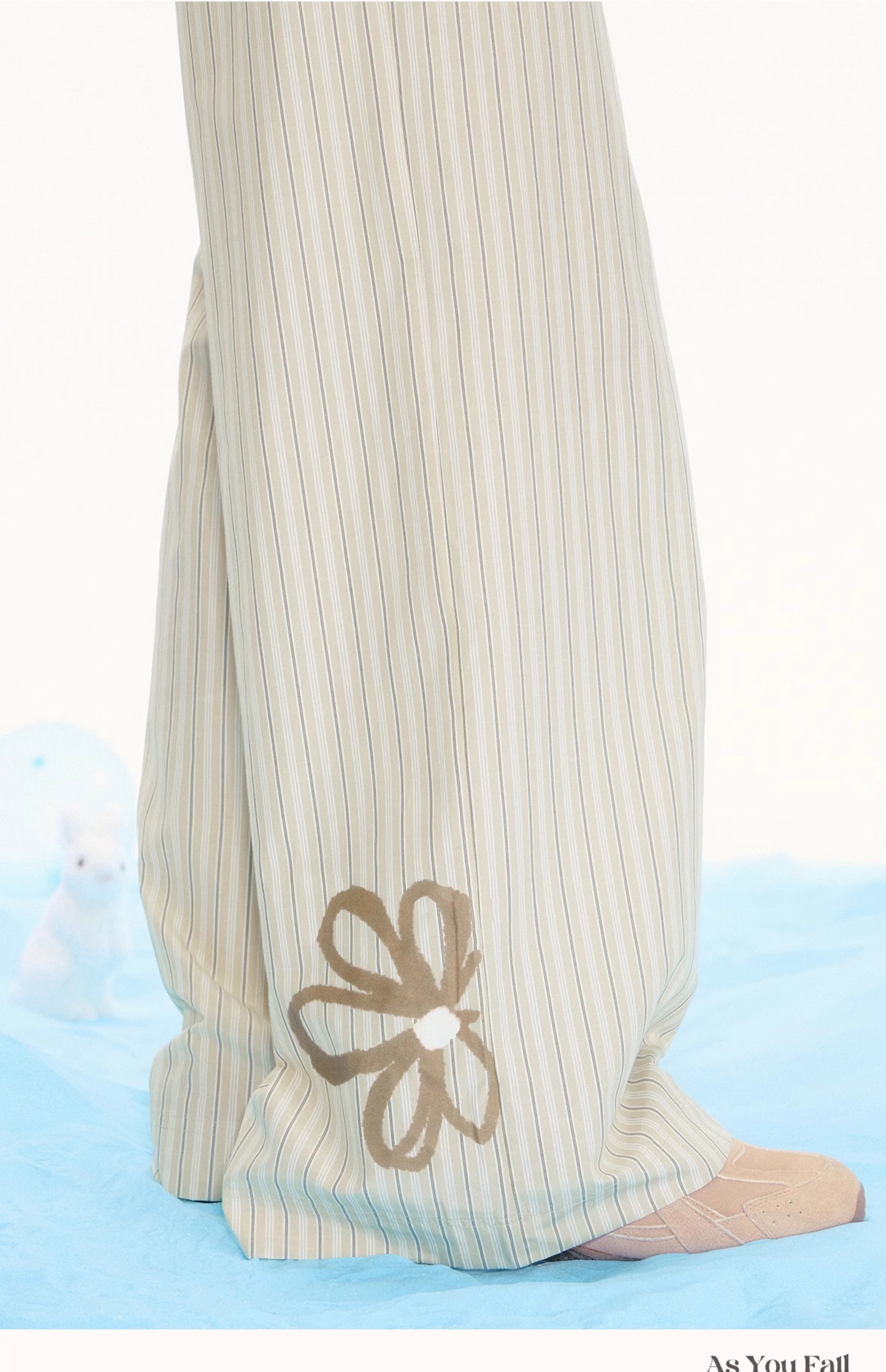 Striped Drawstring Wide-Leg Pants With Flower Detail
