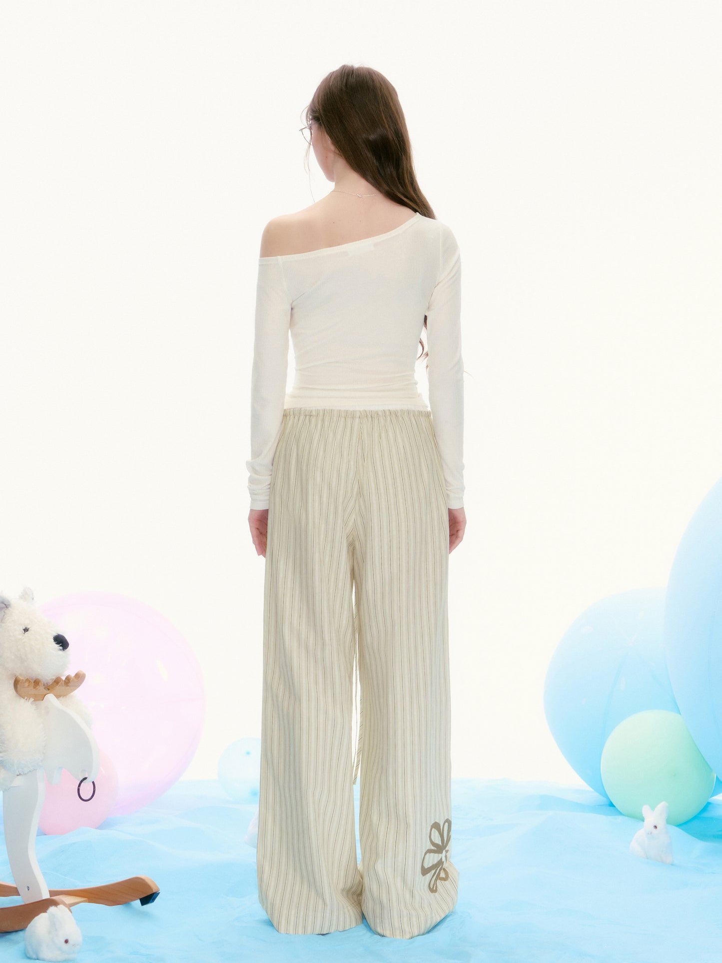 Striped Drawstring Wide-Leg Pants With Flower Detail