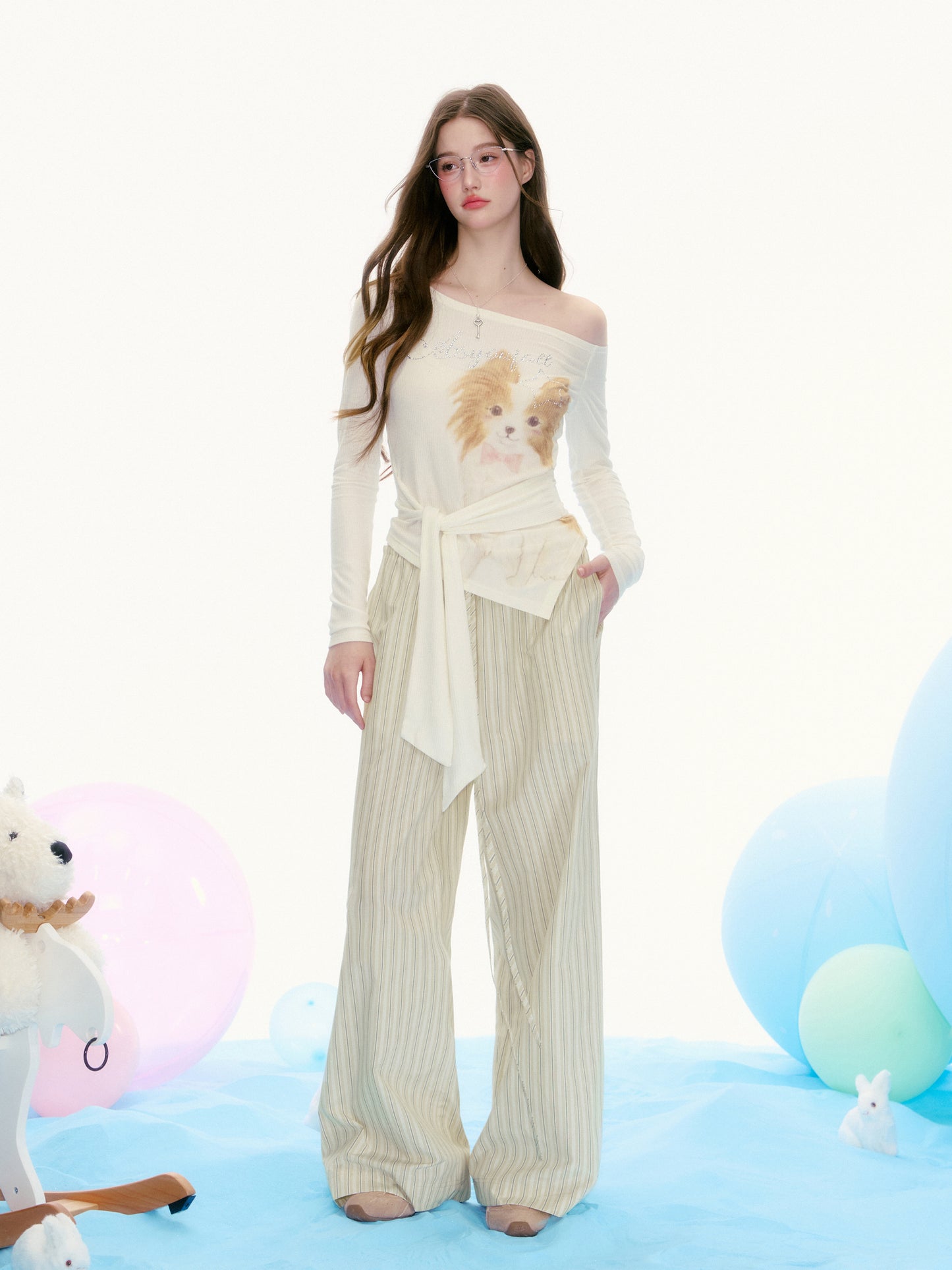 Striped Drawstring Wide-Leg Pants With Flower Detail