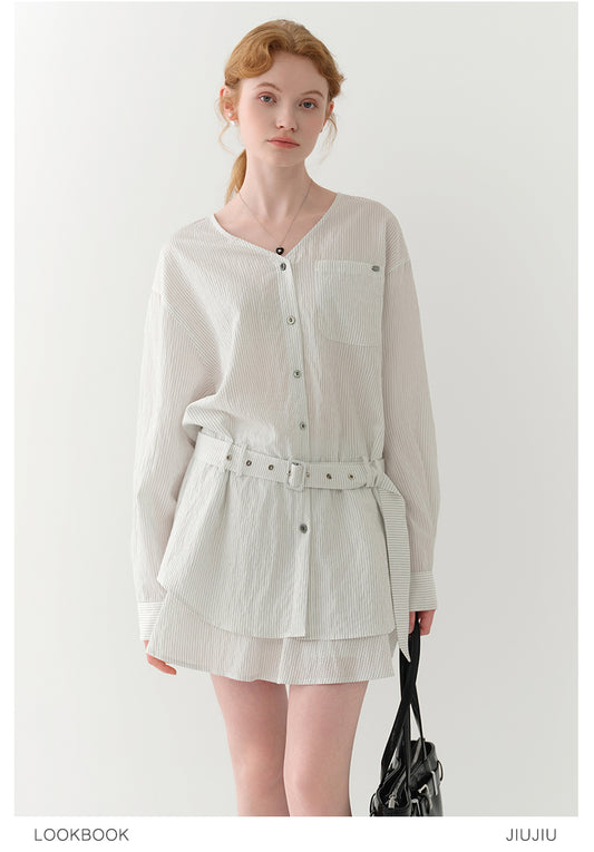 Striped Collarless Belted Shirt Dress And Skirt Set
