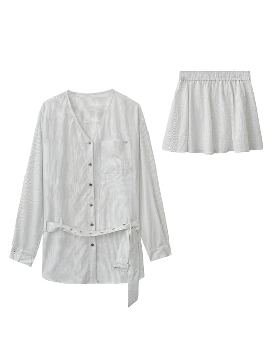 Striped Collarless Belted Shirt Dress And Skirt Set