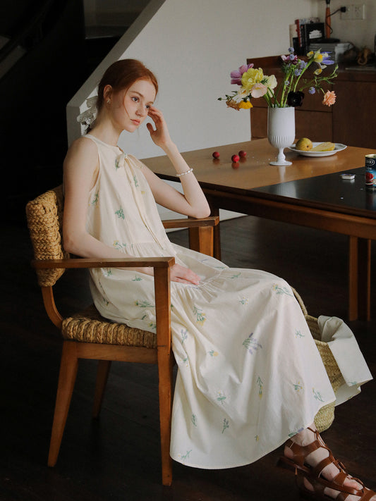 Floral Embroidered Sleeveless Dress With Tie Neck