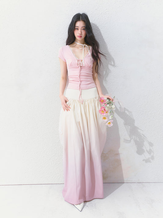Gradient Gathered Maxi Bud Skirt With Lace Ribbon