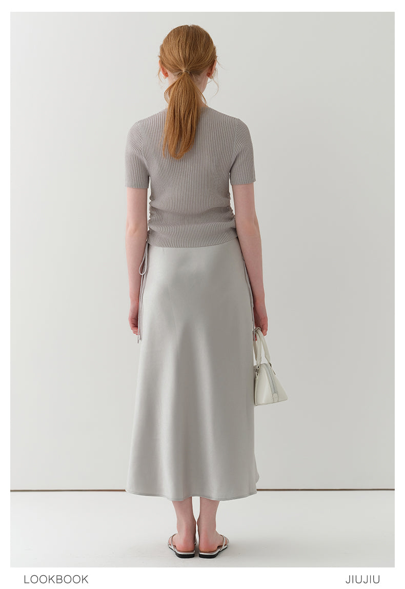 Half-Sleeve Rib Knit Top With Side Ruching