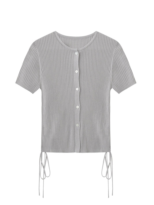 Half-Sleeve Rib Knit Top With Side Ruching