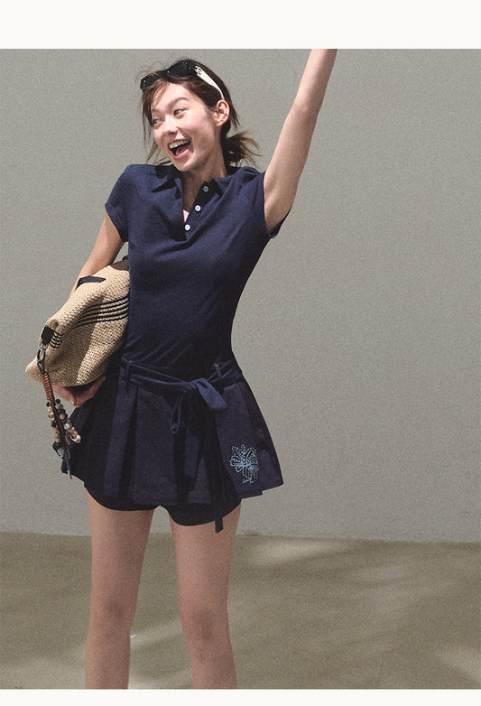 Waist-Tie Pleated Polo Dress