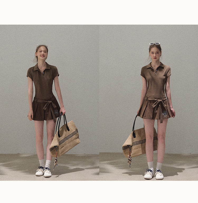 Waist-Tie Pleated Polo Dress