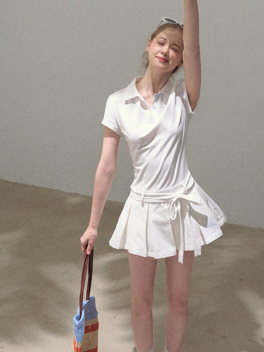 Waist-Tie Pleated Polo Dress