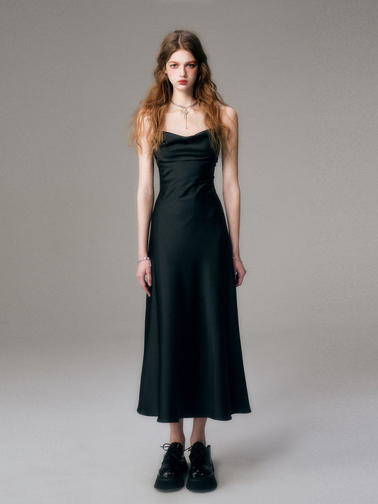 Glossy Satin Open-Back Cross-Strap Dress