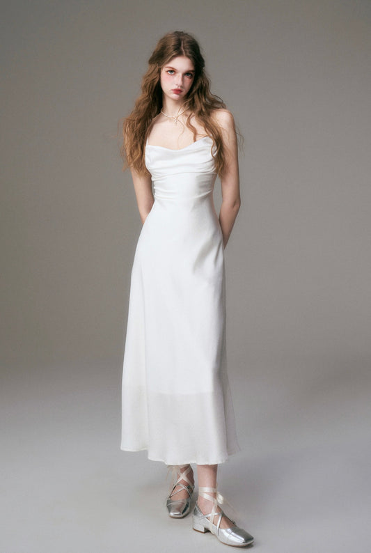 Glossy Satin Open-Back Cross-Strap Dress