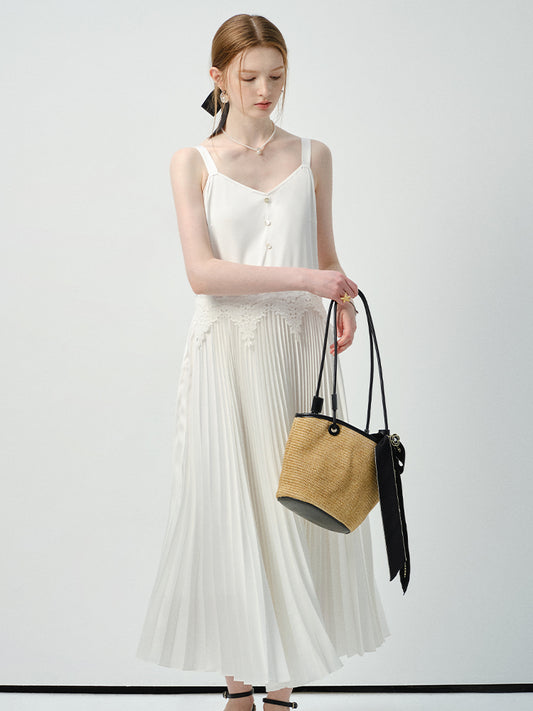 Accordion Pleated Strap Dress With Lace Trim