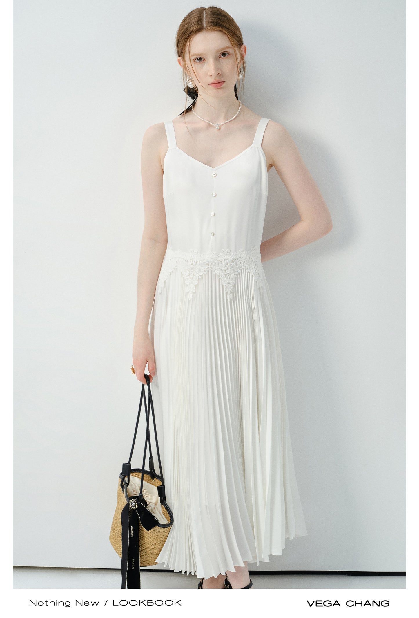 Accordion Pleated Strap Dress With Lace Trim