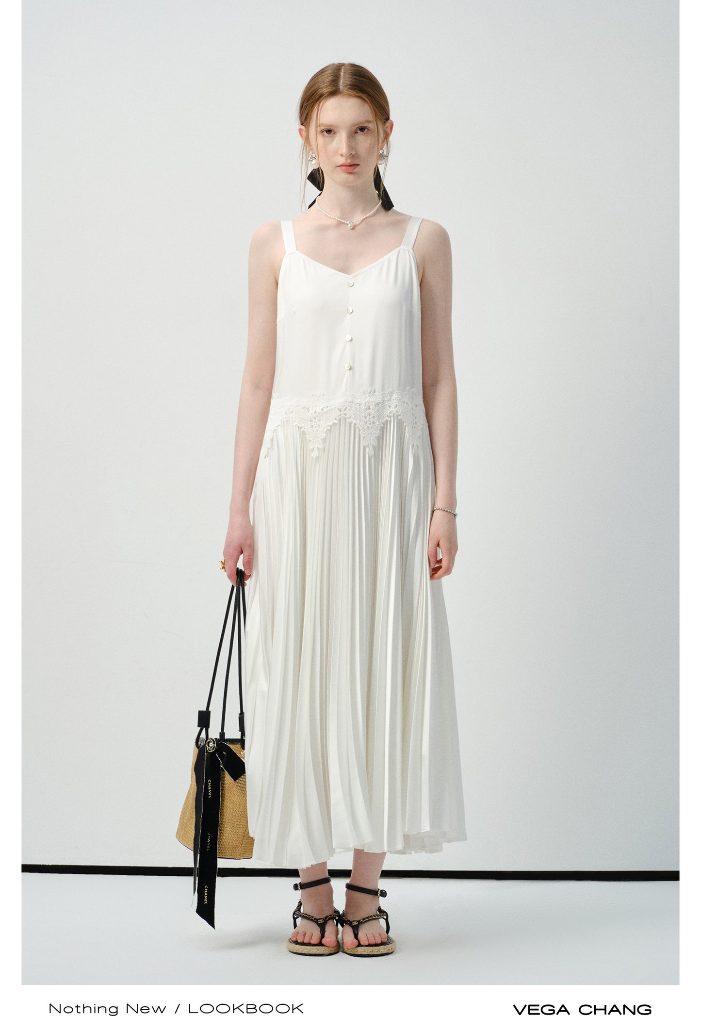 Accordion Pleated Strap Dress With Lace Trim