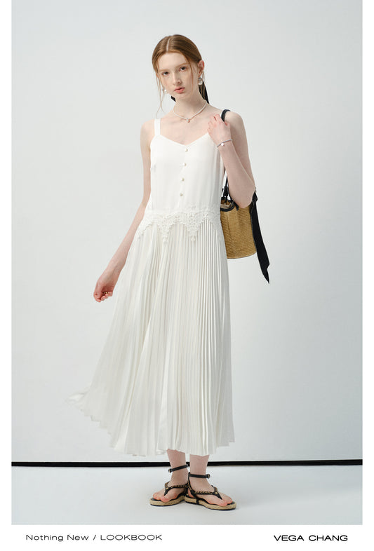 Accordion Pleated Strap Dress With Lace Trim