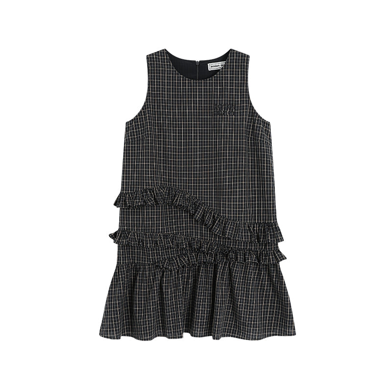 Plaid Sleeveless A-Line Mini Dress With Asymmetric Ruffles