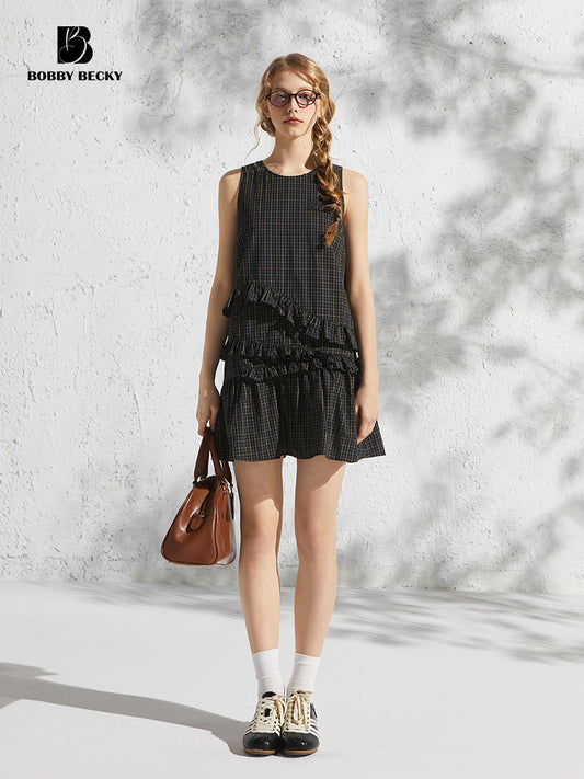 Plaid Sleeveless A-Line Mini Dress With Asymmetric Ruffles