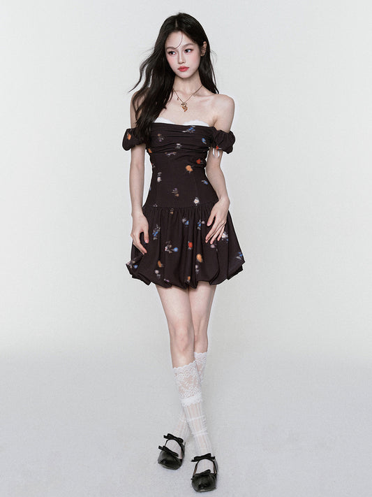 Floral Bubble-Hem Off-Shoulder Dress