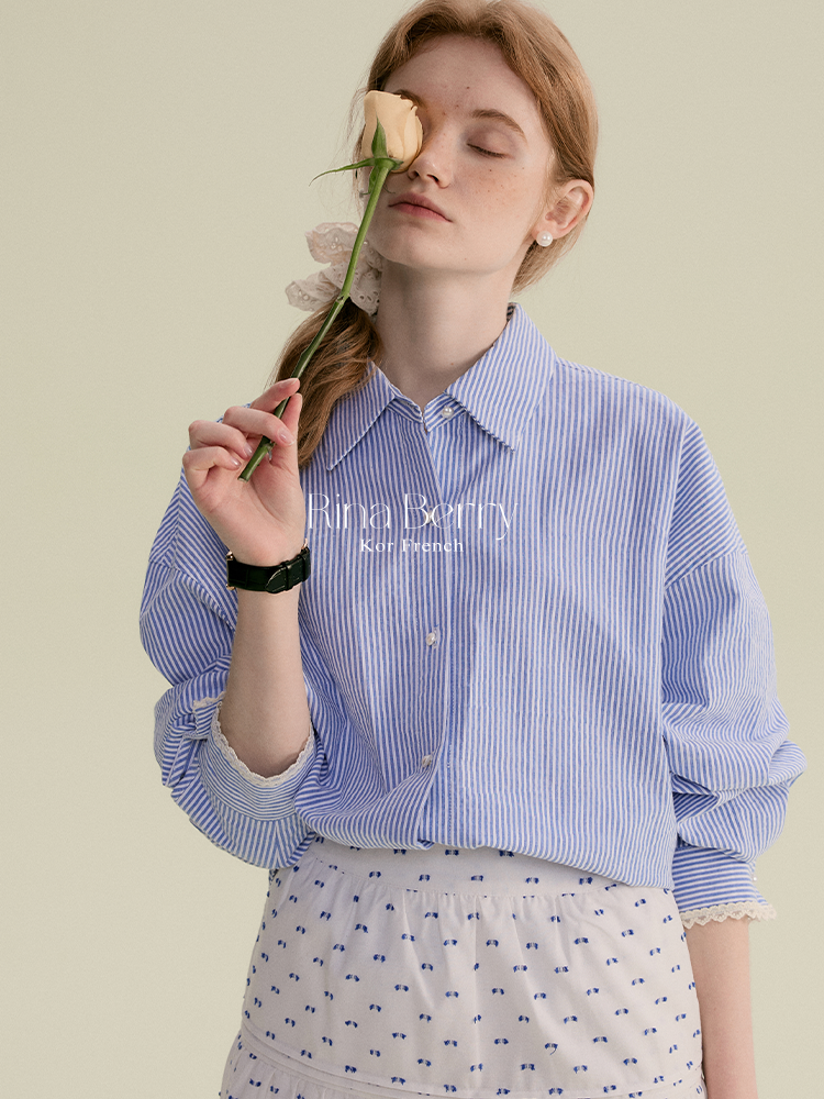 Striped Shirt With Lace-Trimmed Cuffs