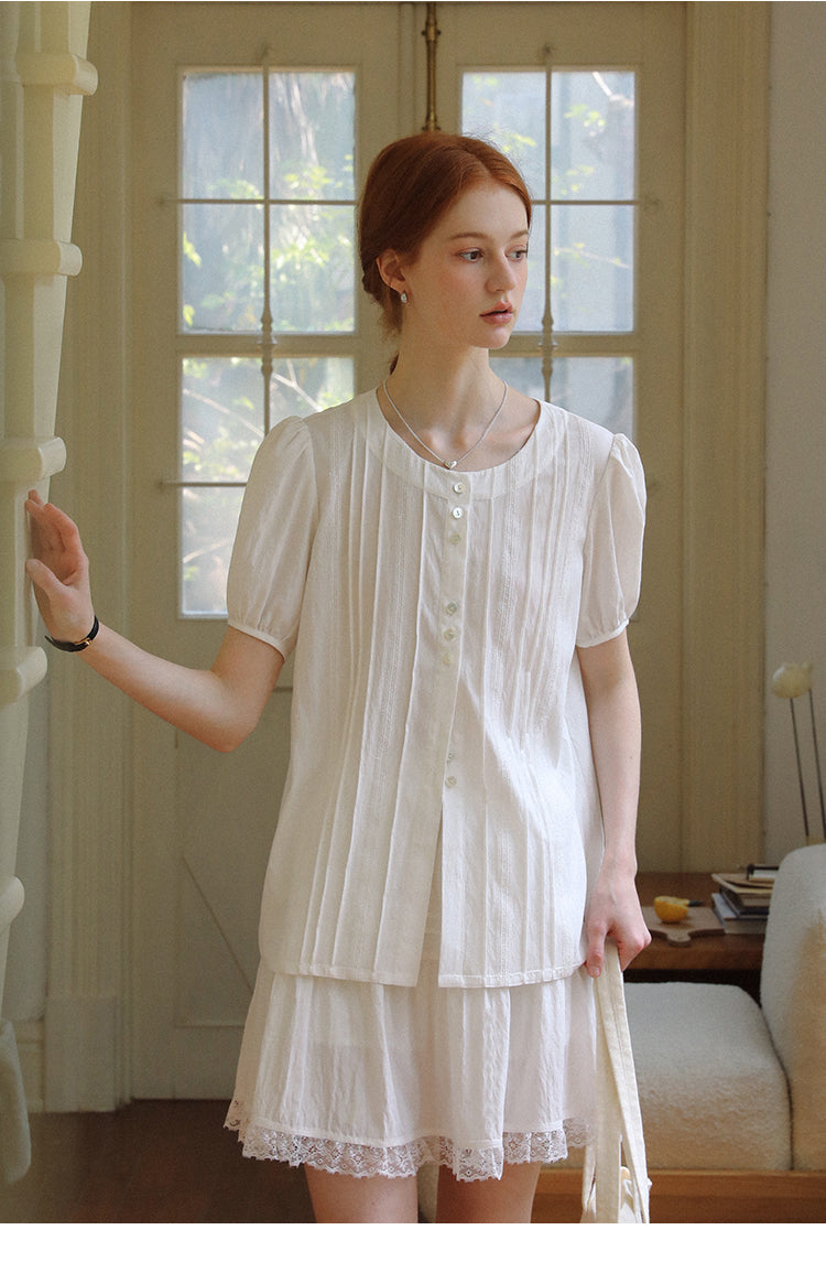 Round-Neck Pintuck Blouse & Lace-Trimmed Skirt