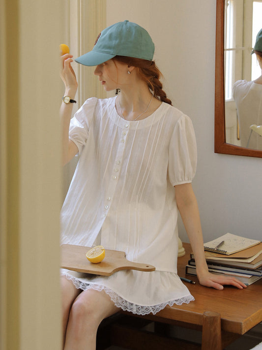 Round-Neck Pintuck Blouse & Lace-Trimmed Skirt