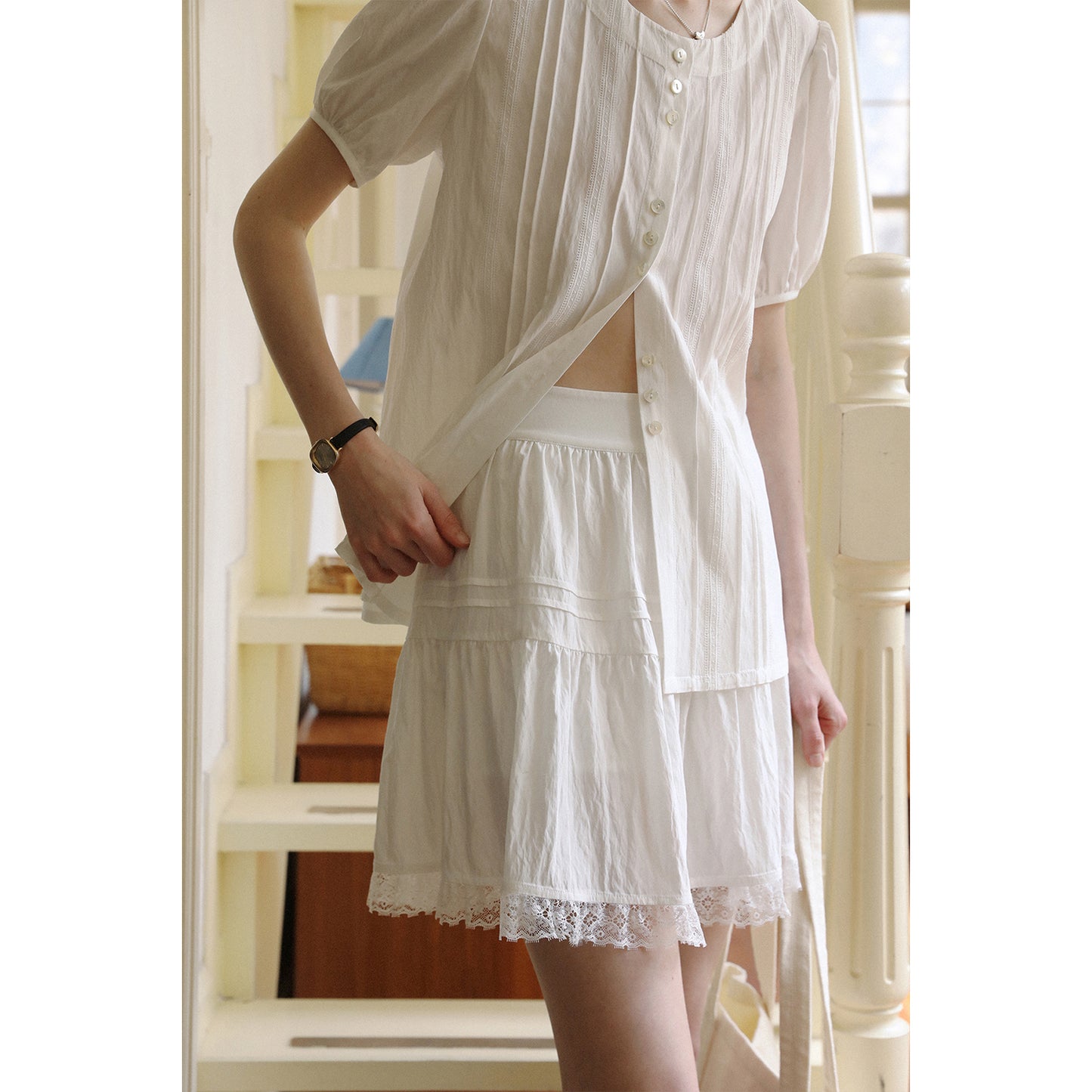 Round-Neck Pintuck Blouse & Lace-Trimmed Skirt