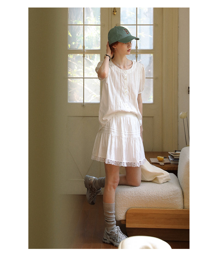 Round-Neck Pintuck Blouse & Lace-Trimmed Skirt