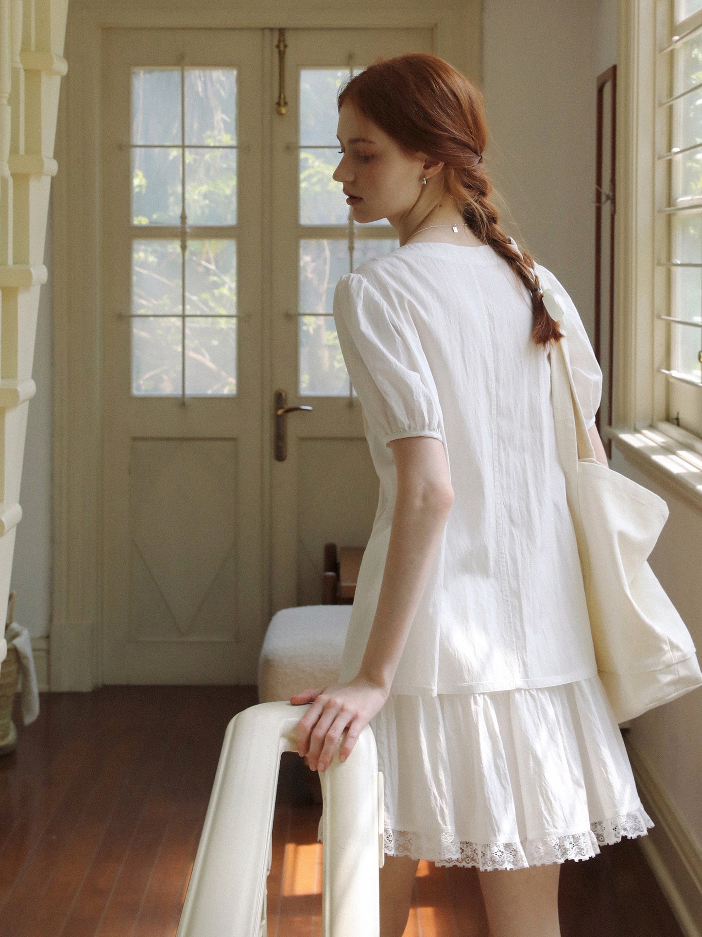 Round-Neck Pintuck Blouse & Lace-Trimmed Skirt