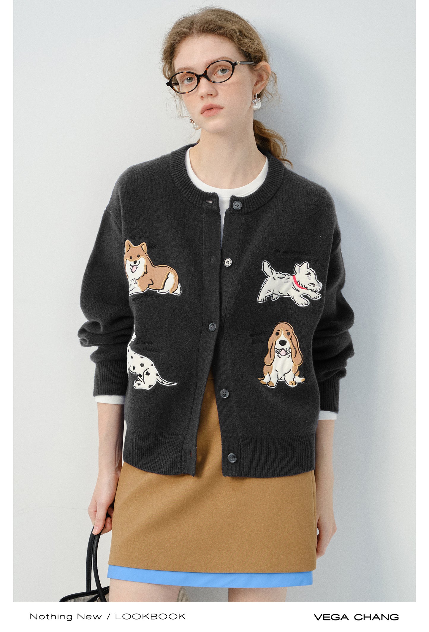 Puppy Appliqué Round Neck Knit Cardigan