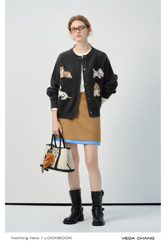 Puppy Appliqué Round Neck Knit Cardigan