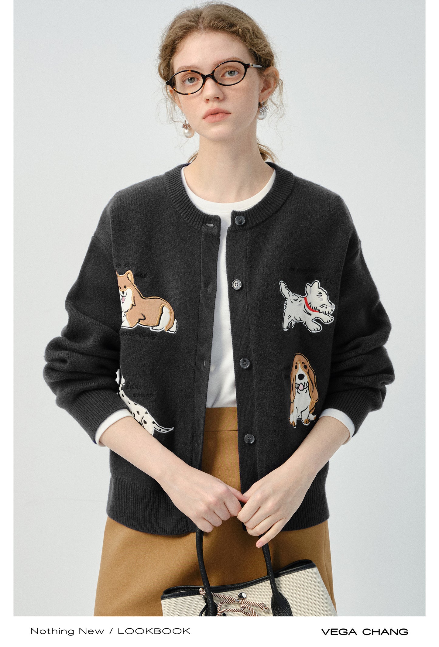 Puppy Appliqué Round Neck Knit Cardigan