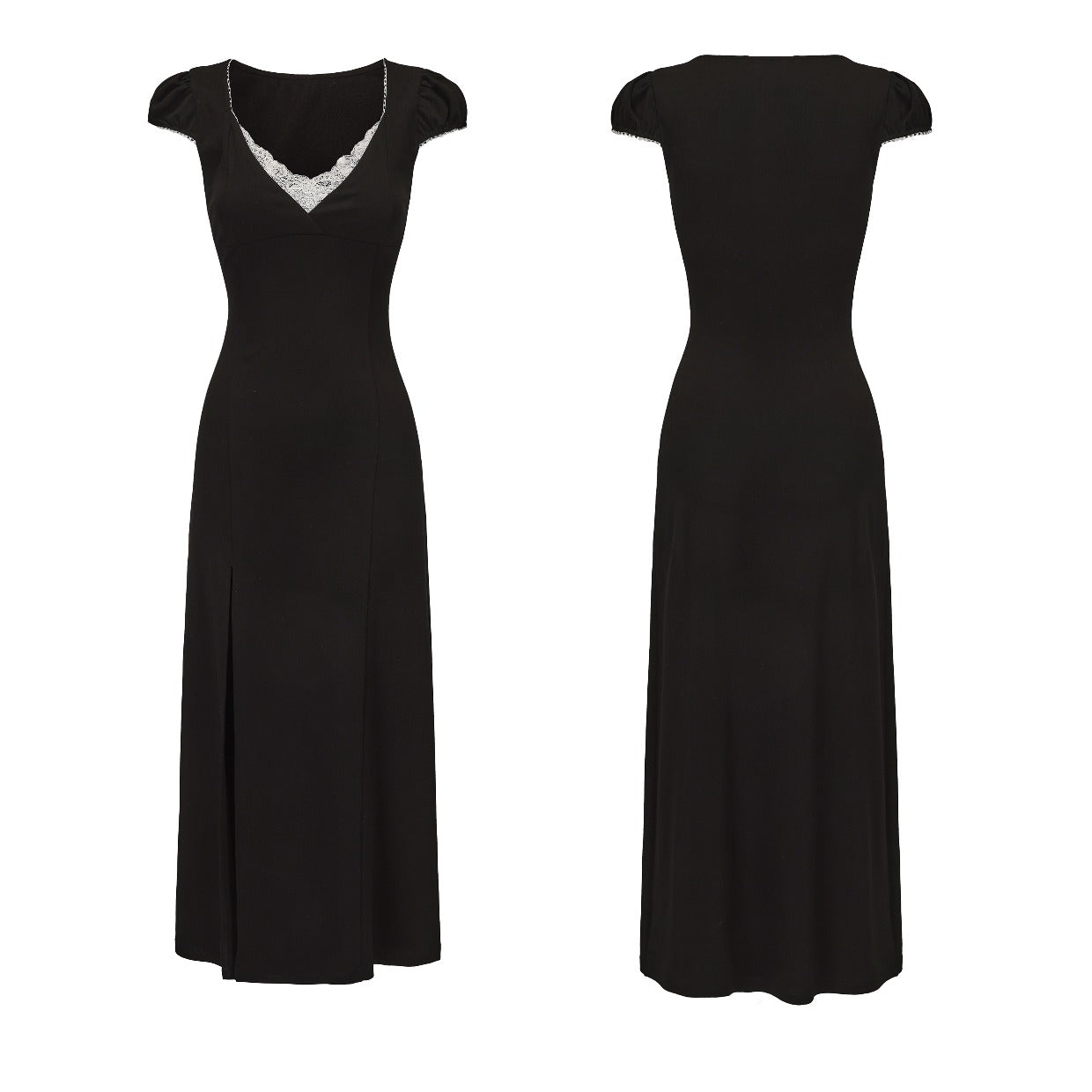 Lace V-Neck Puff-Sleeve Maxi Dress With Side Slit