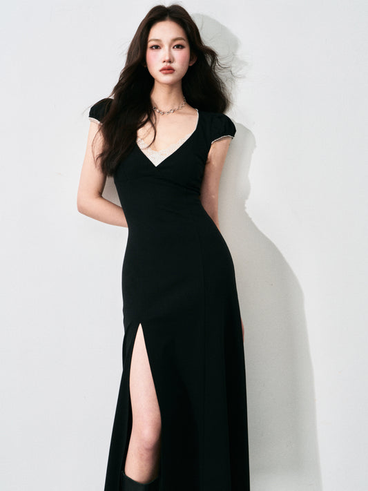 Lace V-Neck Puff-Sleeve Maxi Dress With Side Slit