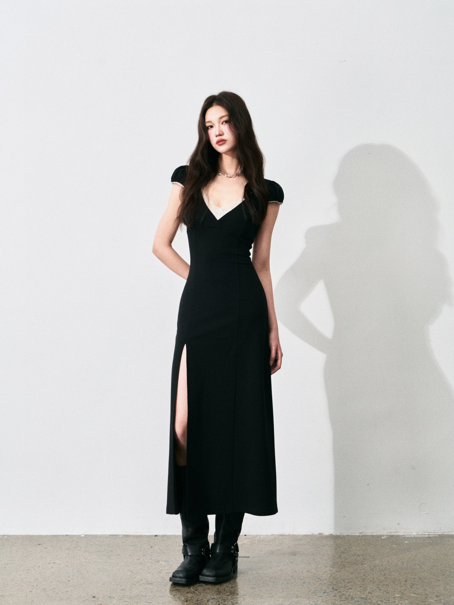 Lace V-Neck Puff-Sleeve Maxi Dress With Side Slit
