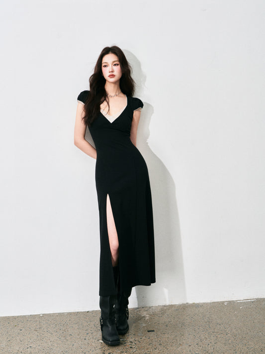 Lace V-Neck Puff-Sleeve Maxi Dress With Side Slit