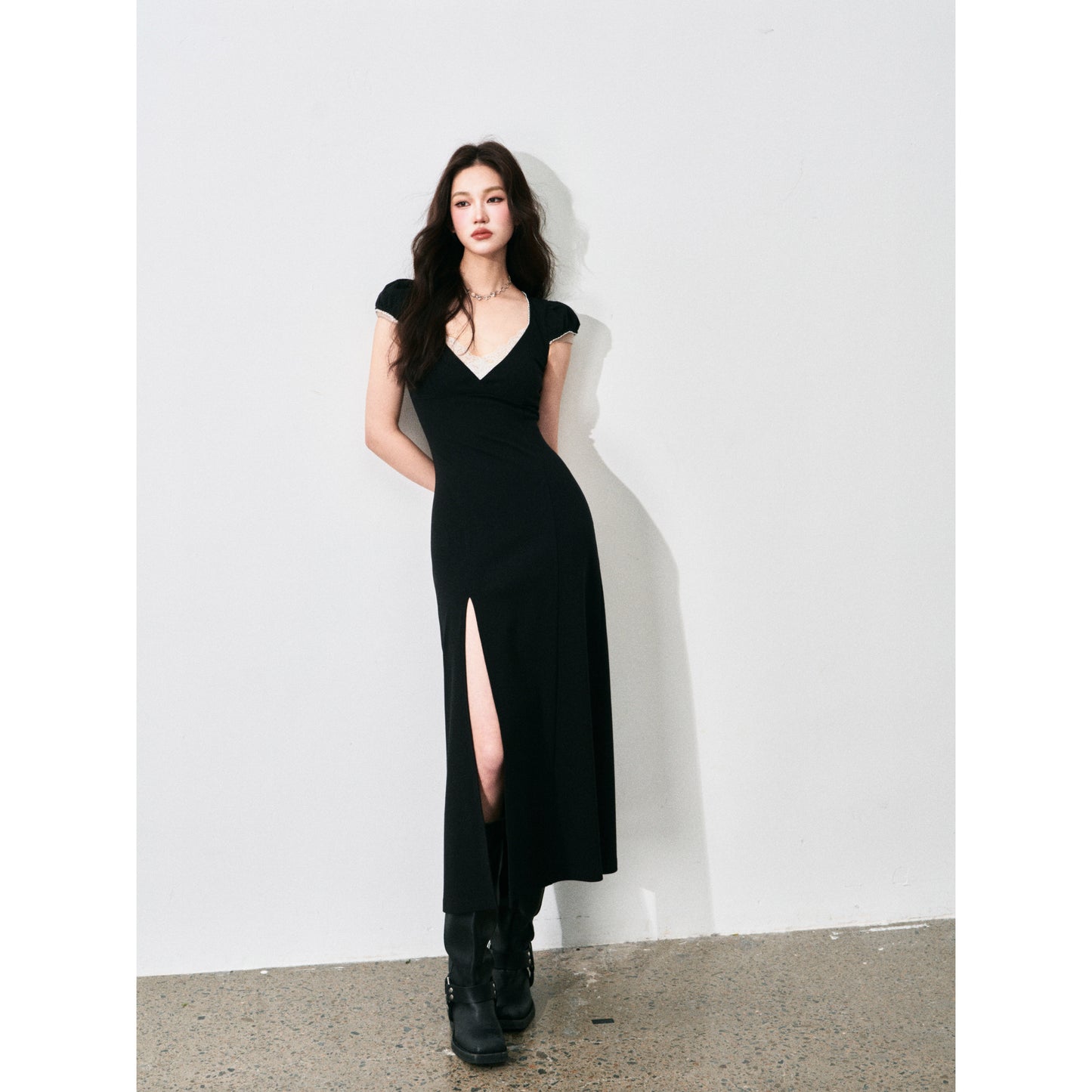 Lace V-Neck Puff-Sleeve Maxi Dress With Side Slit
