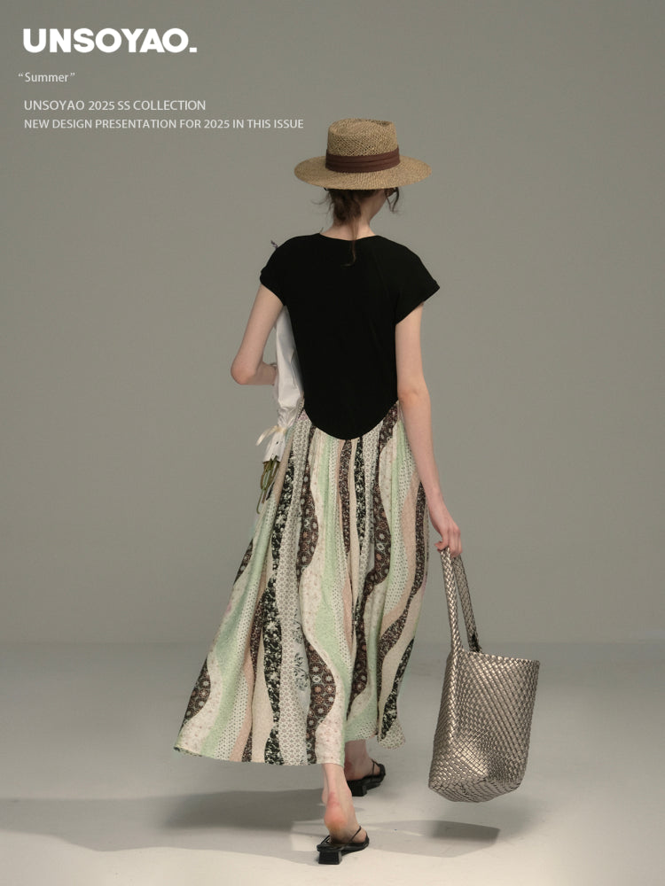 U-Neck Paneled Dress With Patchwork Skirt