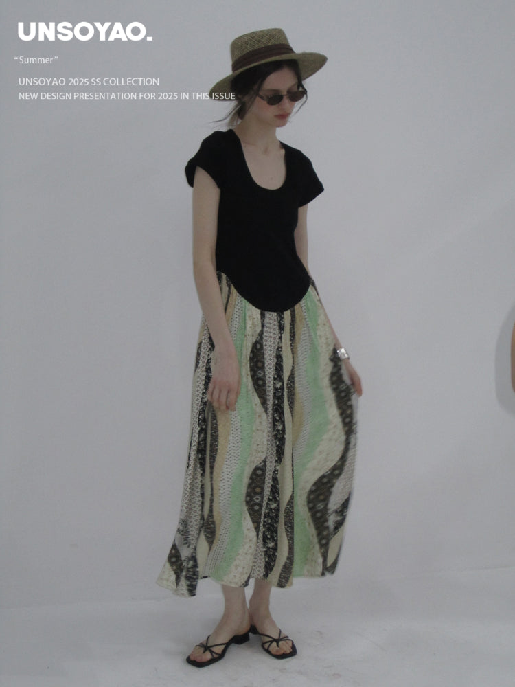 U-Neck Paneled Dress With Patchwork Skirt