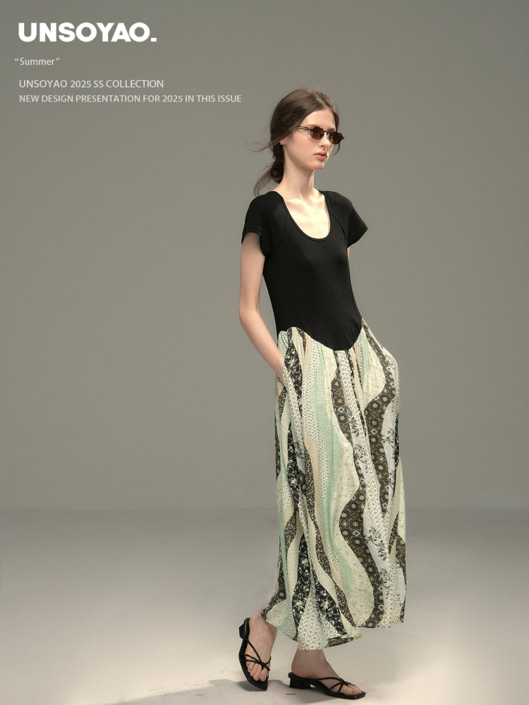 U-Neck Paneled Dress With Patchwork Skirt