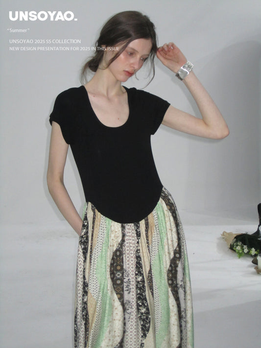 U-Neck Paneled Dress With Patchwork Skirt