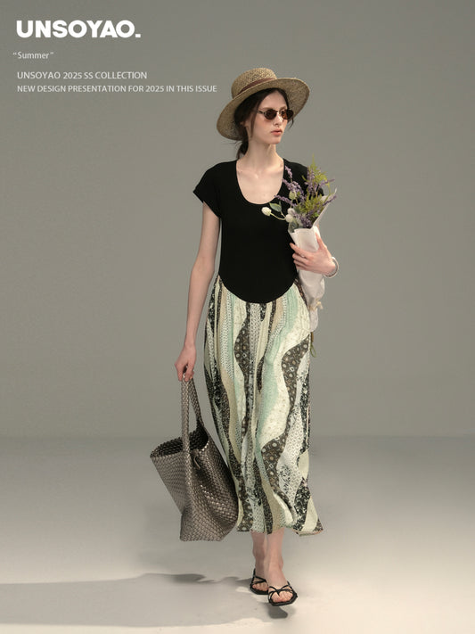 U-Neck Paneled Dress With Patchwork Skirt