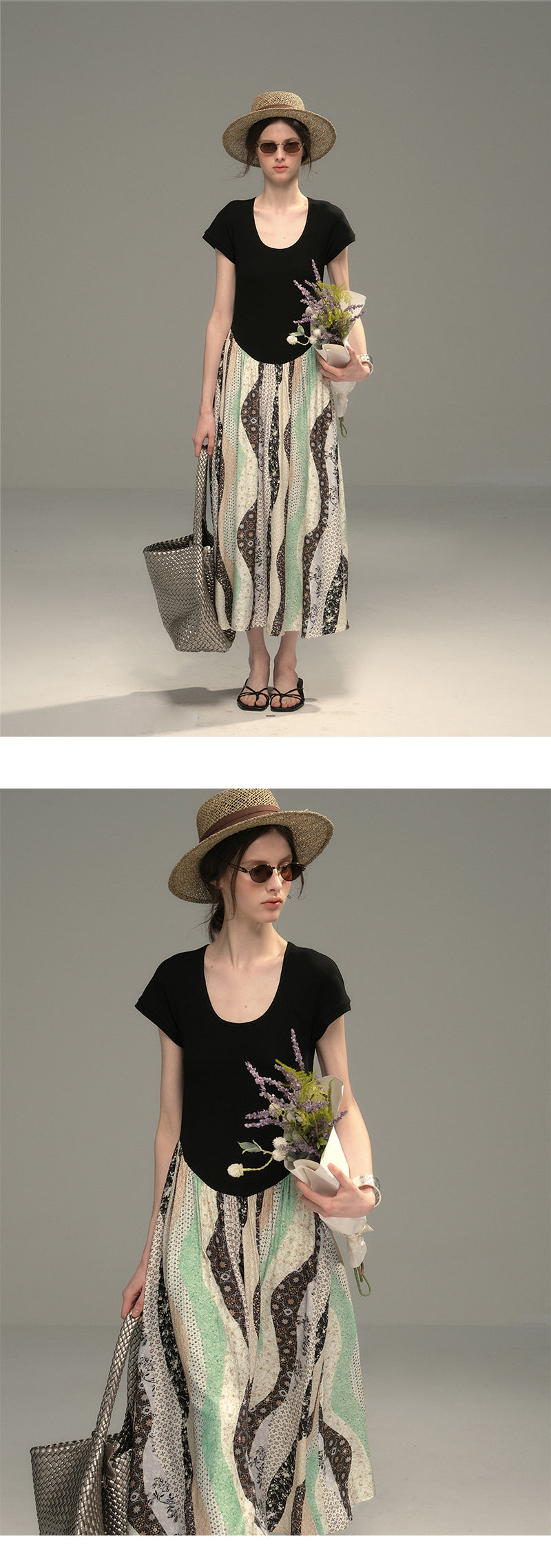 U-Neck Paneled Dress With Patchwork Skirt
