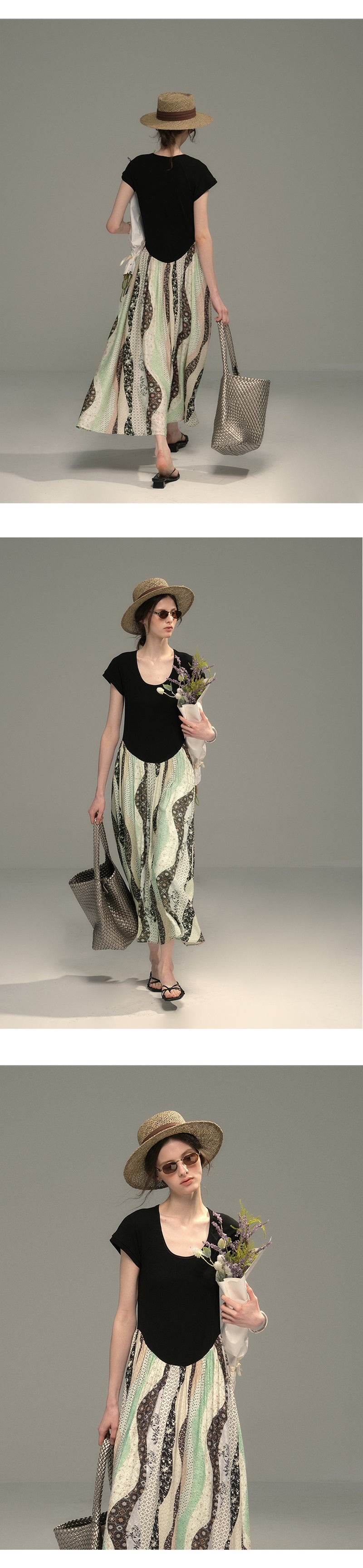 U-Neck Paneled Dress With Patchwork Skirt
