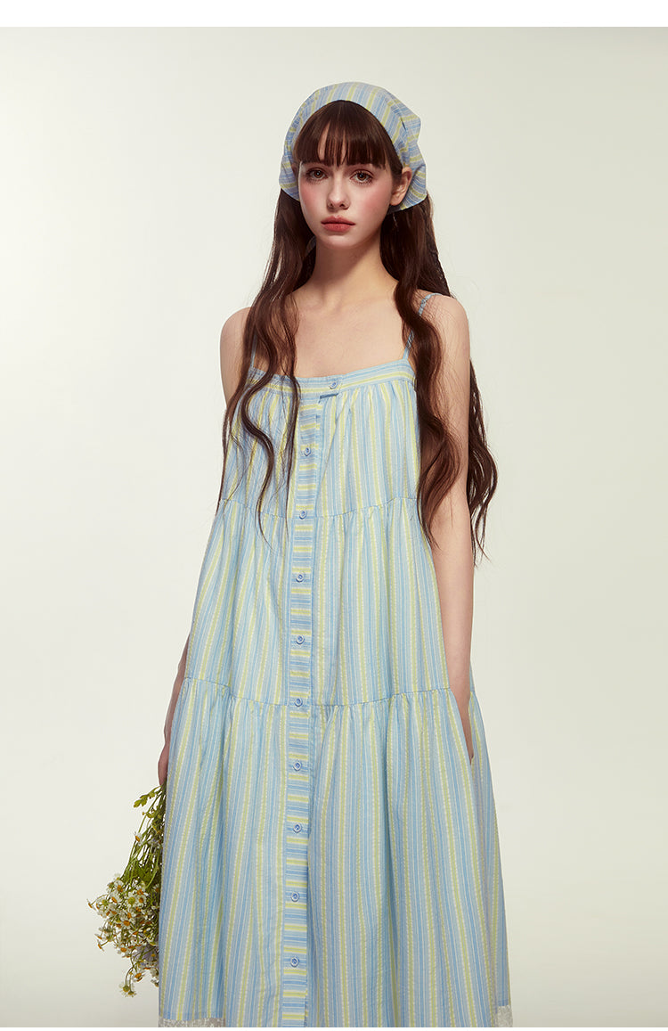 Striped Or Embroidered Button-Up Dress With Headscarf